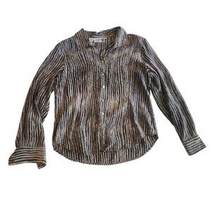Vintage Kasper ASL Silk Blouse Stripe Dot Print Button Black Beige Career Medium